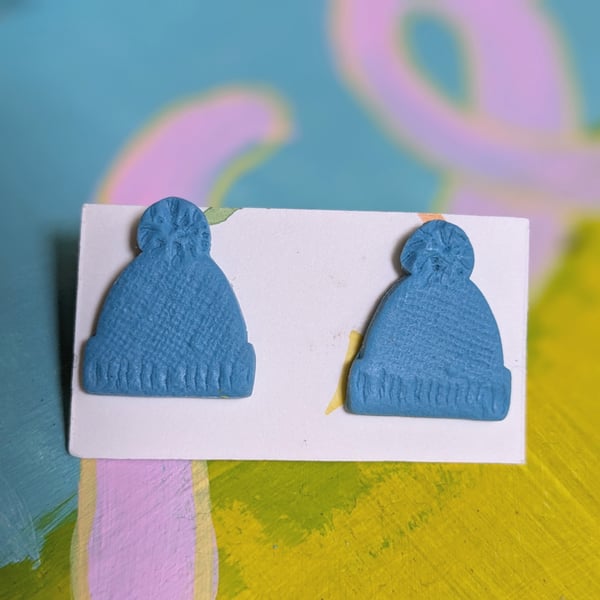 FIMO blue bobble hat polymer clay earrings