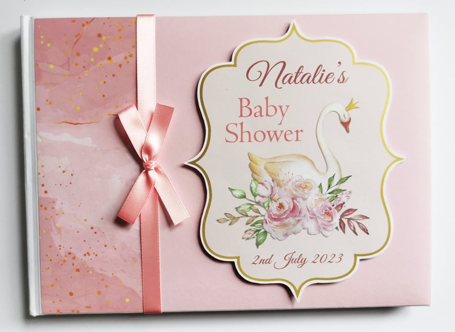 Swan princess baby shower guest book, pink and gold baby shower party book