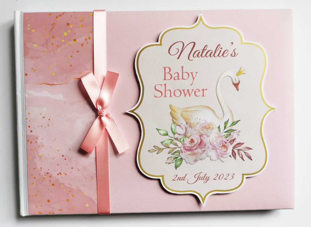 Swan princess baby shower guest book, pink and gold baby shower party book