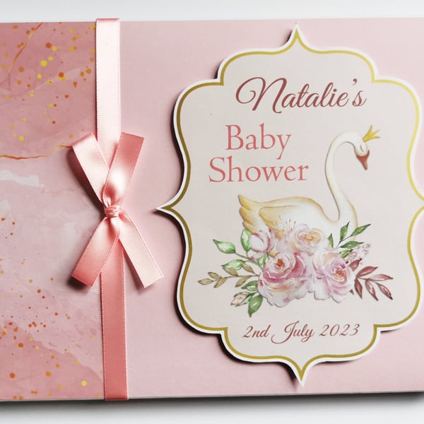 Swan princess baby shower guest book, pink and gold baby shower party book