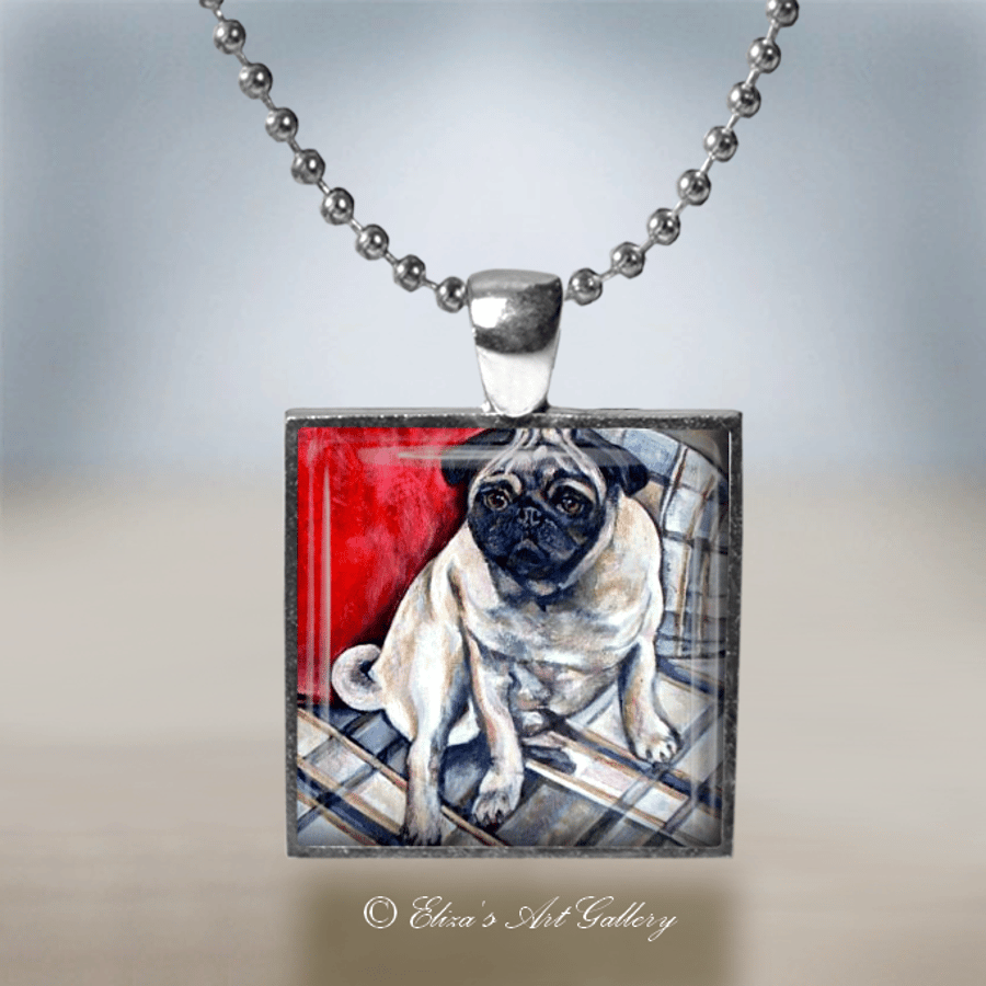 Silver Plated Pug Dog Art Pendant Necklace