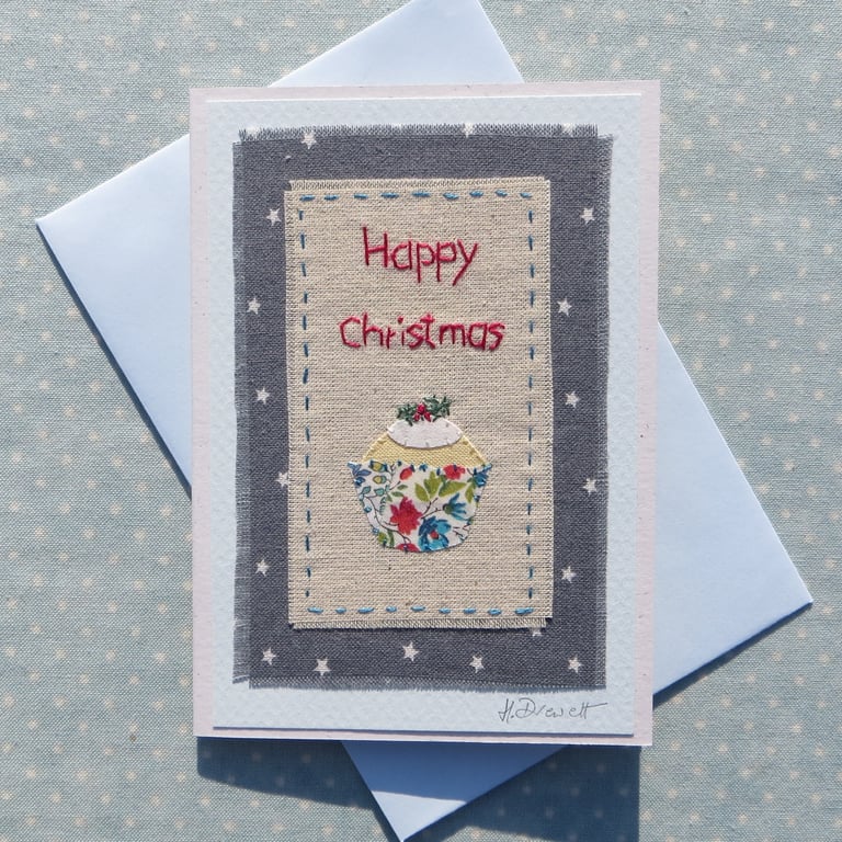 Hand-stitched Happy Christmas with cupcake applique starry background fabric    