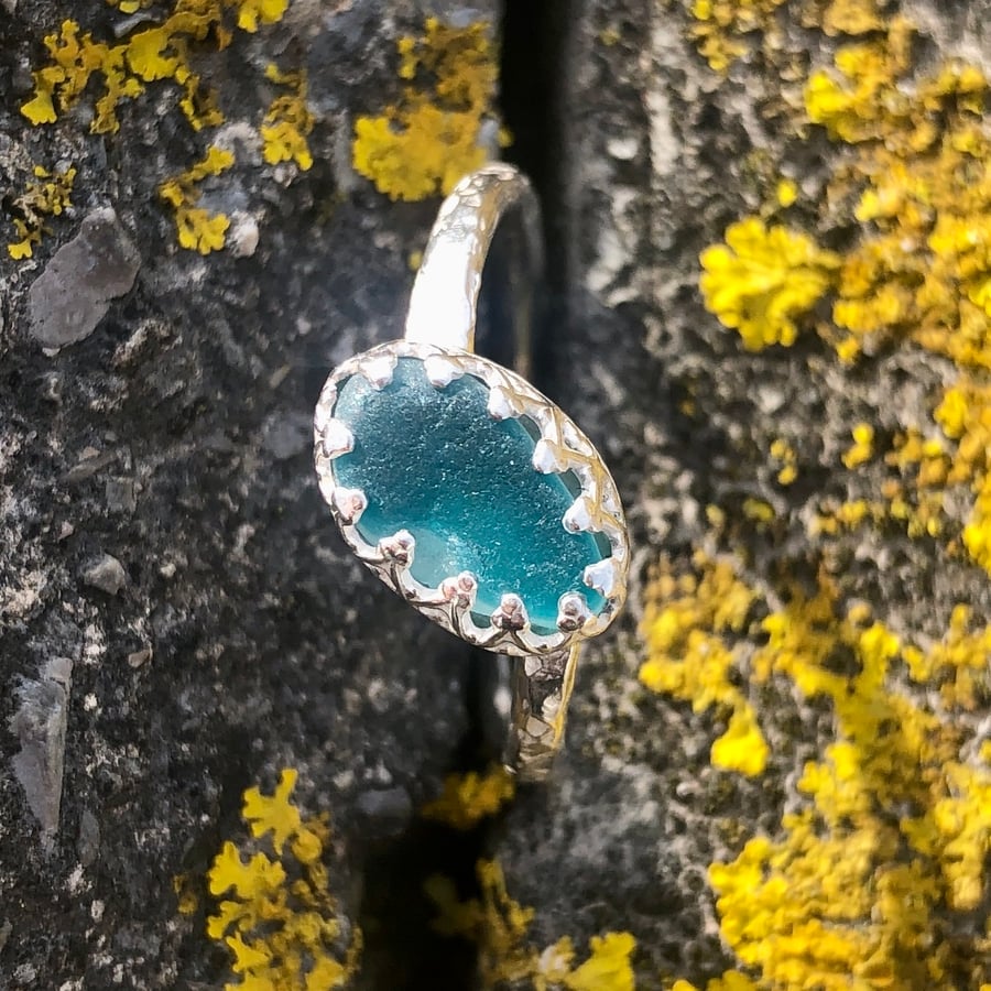 Turquoise Twist Statement Sea Glass and Sterling Silver Ring- Size P  - 1283