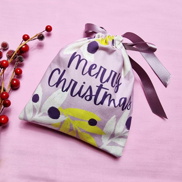 Organic Cotton Lemon and Lilac Misletoe print Christmas Gift Pouch