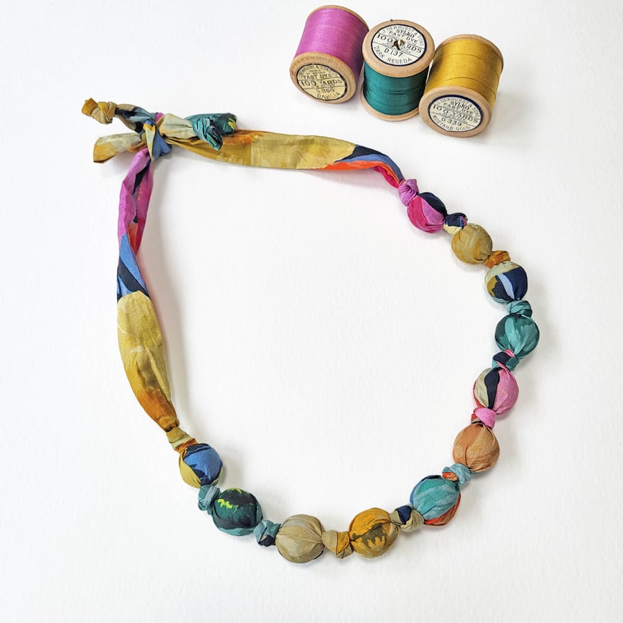 Yellow, Orange, Teal & Pink Liberty Poppy Print Fabric Necklace - Poppy Wonder