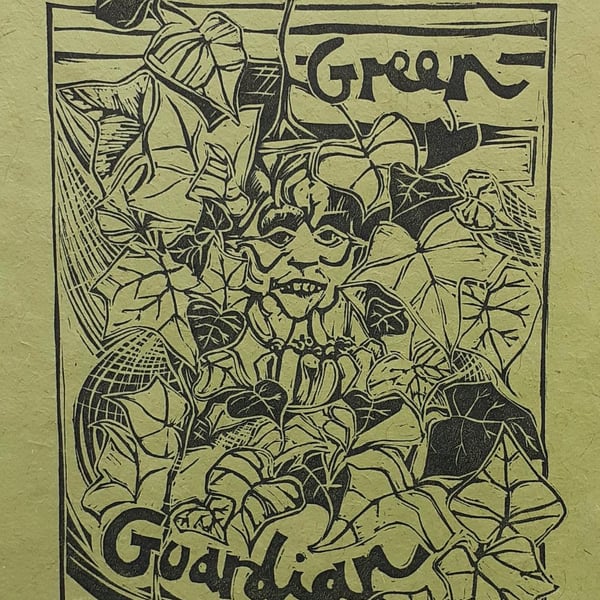 'Green Guardian' Print on Lime Lokta