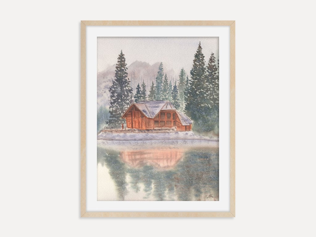 Snowy Lake Cabin with Pine Trees Art Print, Winter Cabin Wall Art, Rustic Lodge