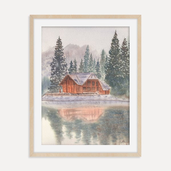 Snowy Lake Cabin with Pine Trees Art Print, Winter Cabin Wall Art, Rustic Lodge