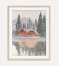 Snowy Lake Cabin with Pine Trees Art Print, Winter Cabin Wall Art, Rustic Lodge