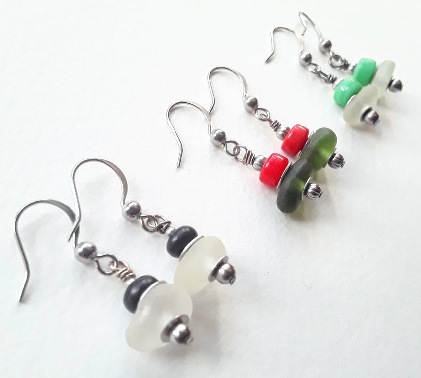 Sweet Little Seaglass Earrings with Coloured Glass Beads