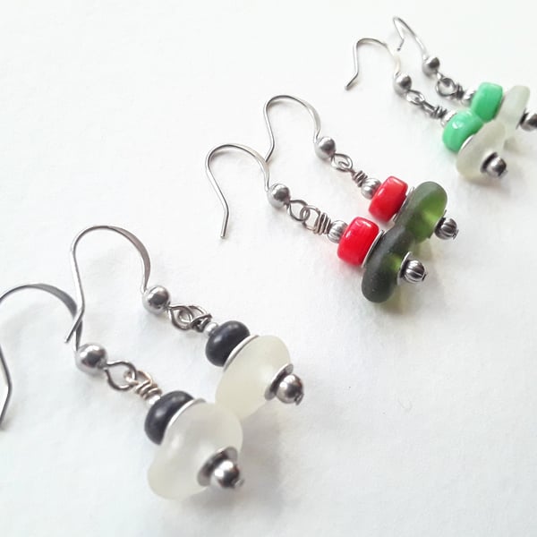 Sweet Little Seaglass Earrings with Coloured Glass Beads