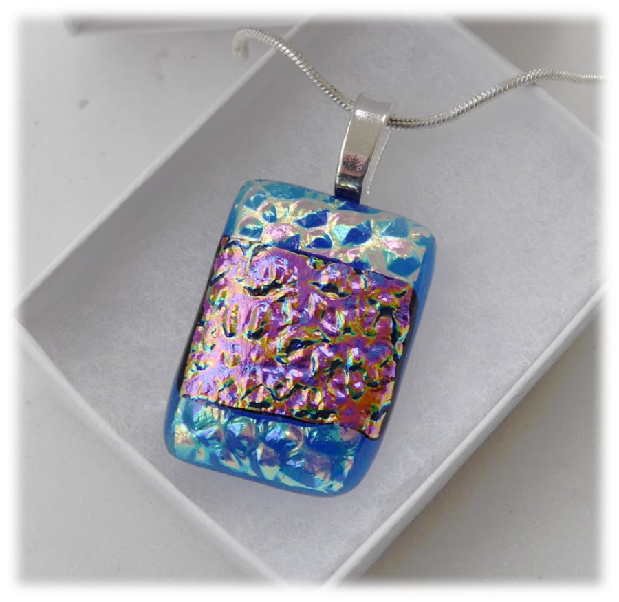 True Blue Dichroic Glass Pendant 168 Aqua Pink Shimmer and silver plated chain