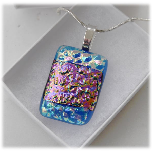 True Blue Dichroic Glass Pendant 168 Aqua Pink Shimmer and silver plated chain