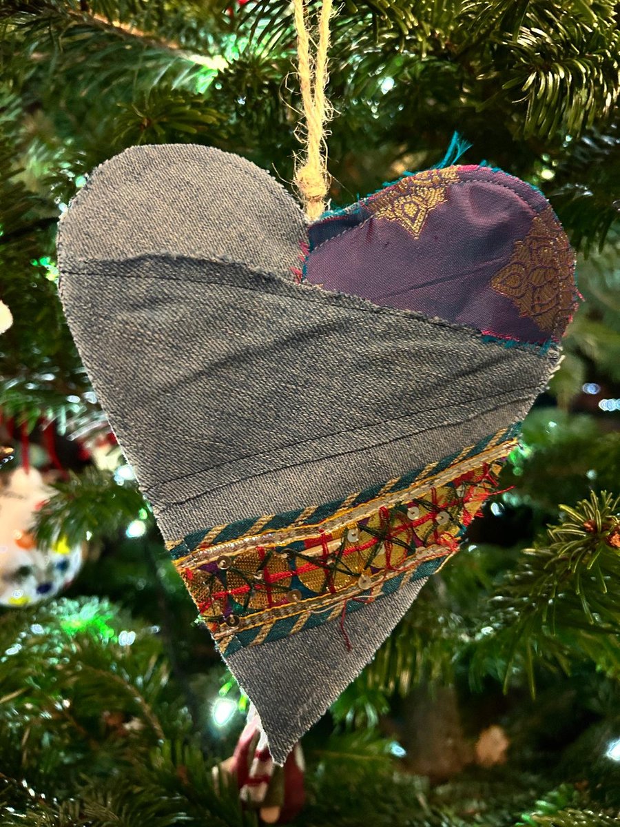 Handmade upcycled denim heart decoration - Rustic Fabric Hanging