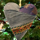 Handmade upcycled denim heart decoration - Rustic Fabric Hanging