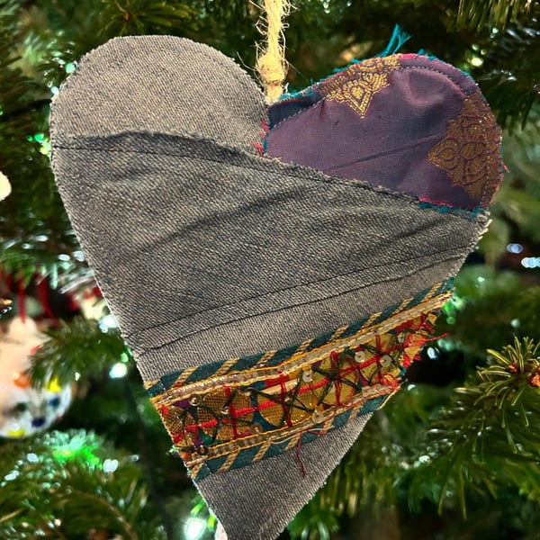 Handmade upcycled denim heart decoration - Rustic Fabric Hanging