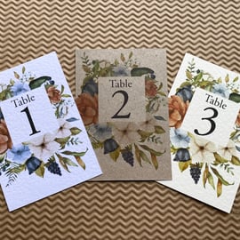 Burnt orange navy blue flowers wreath TABLE NUMBERS foliage rustic A6 card
