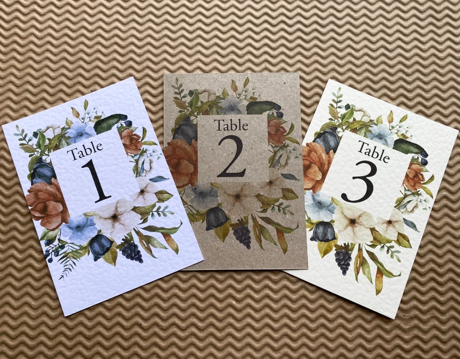 Burnt orange navy blue flowers wreath TABLE NUMBERS foliage rustic A6 card