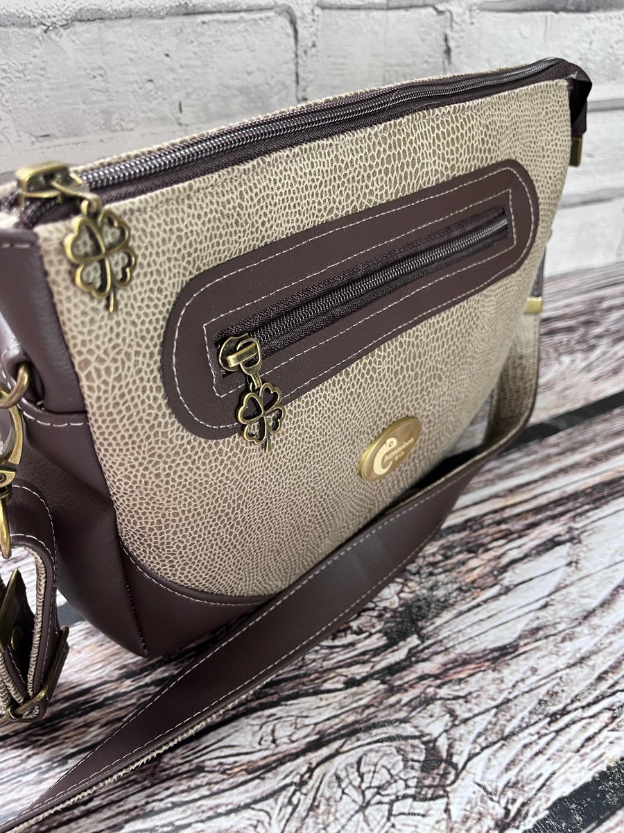 Brown & Beige crossbody bag in suede feel faux leather