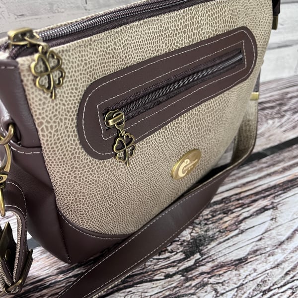 Brown & Beige crossbody bag in suede feel faux leather