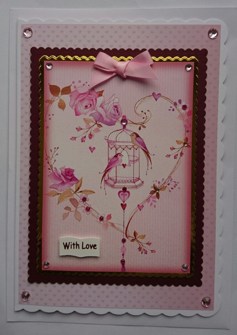 With Love Birds 3D Card Oriental Birdcage Heart Flowers Vintage