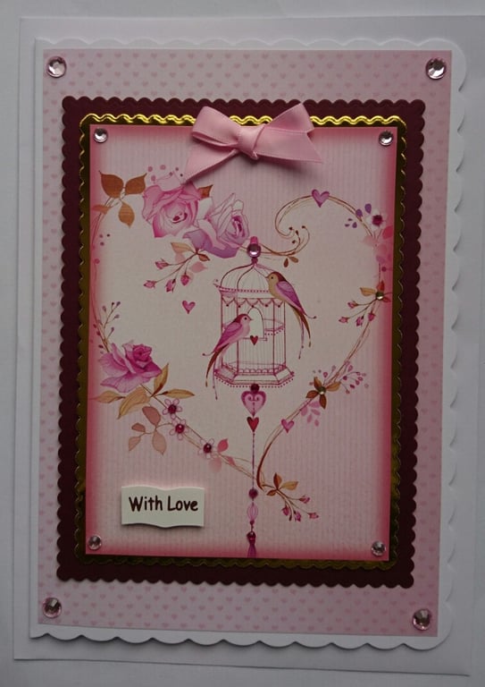 With Love Birds 3D Card Oriental Birdcage Heart Flowers Vintage