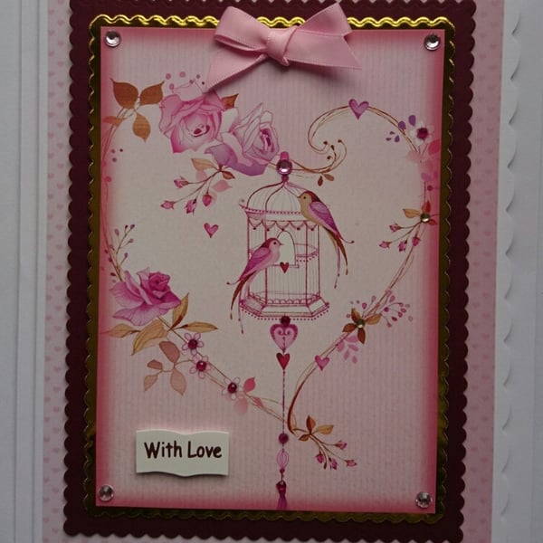 With Love Birds 3D Card Oriental Birdcage Heart Flowers Vintage