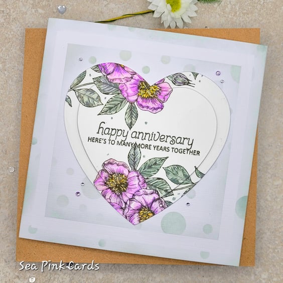  Anniversary Card - heart, cards, handmade, watercoloured flowers, lilac sage