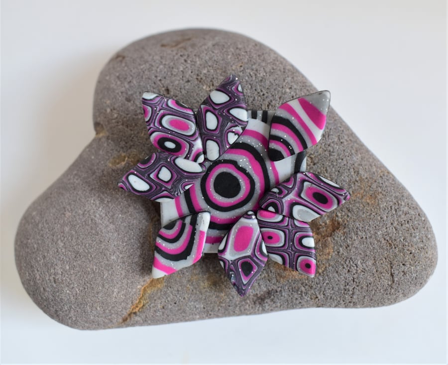 Stylized Star Brooch in Silver Glitter, Hot Pink & Black Polymer Clay 