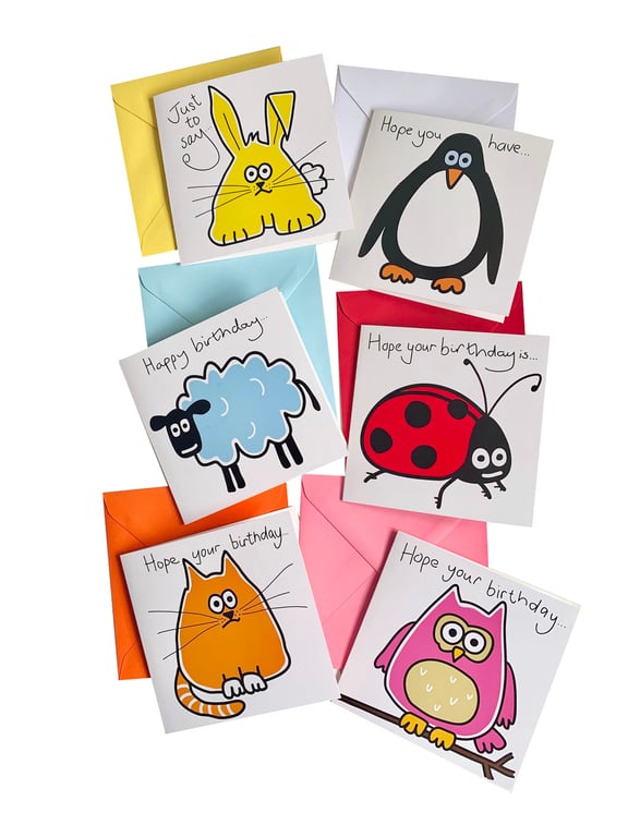 Digg Design 6pk of kooky animal design birthday cards. Coloured envelopes