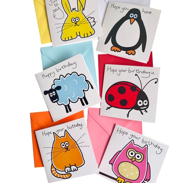 Digg Design 6pk of kooky animal design birthday cards. Coloured envelopes
