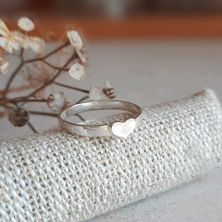 Sterling Silver Love Heart Ring with Hammered Band