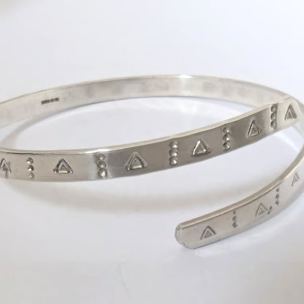 Dot and Triangle Pattern Bangle, Recycled Sterling Silver, Hand Stamped 