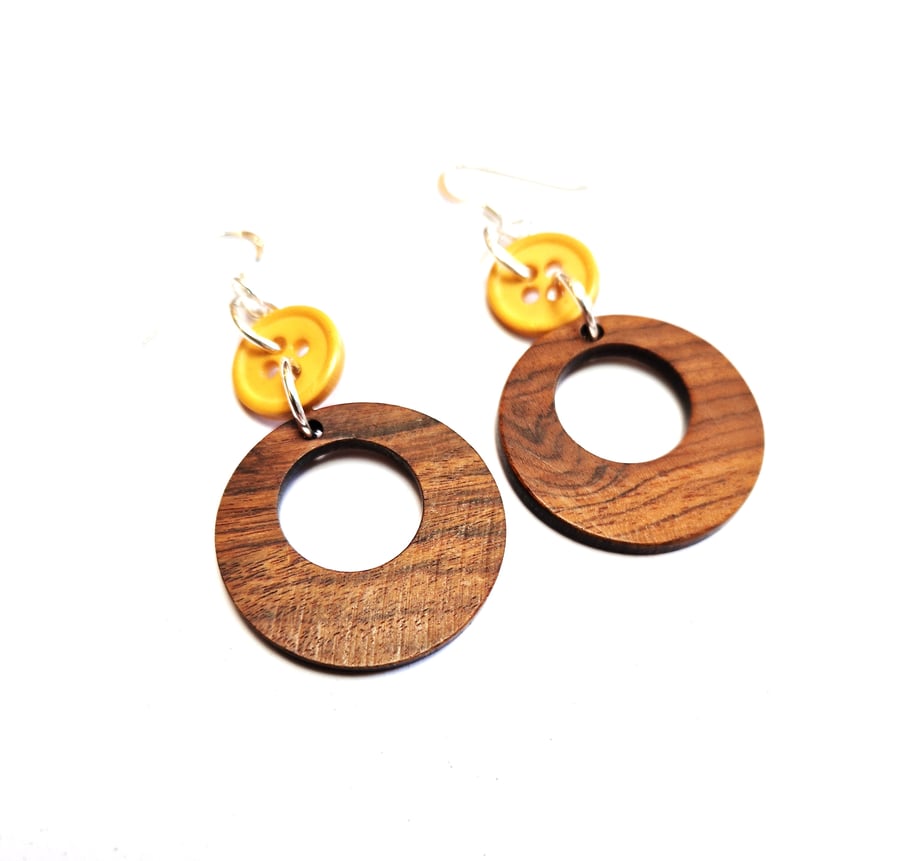 Wood and Upcycled Vintage Button Earrings with 925 Sterling Silver