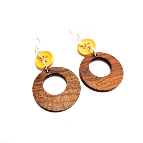 Wood and Upcycled Vintage Button Earrings with 925 Sterling Silver