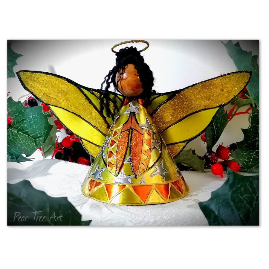 Large: Yellow Tin Angel Christmas tree topper