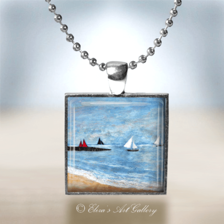 Silver Plated Seaside Sailing Boats Art Pendant Necklace