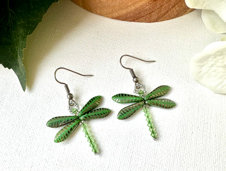 Dragonfly Earrings - Leaf Green Etched 