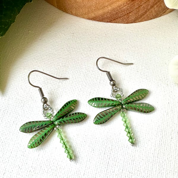 Dragonfly Earrings - Leaf Green Etched 