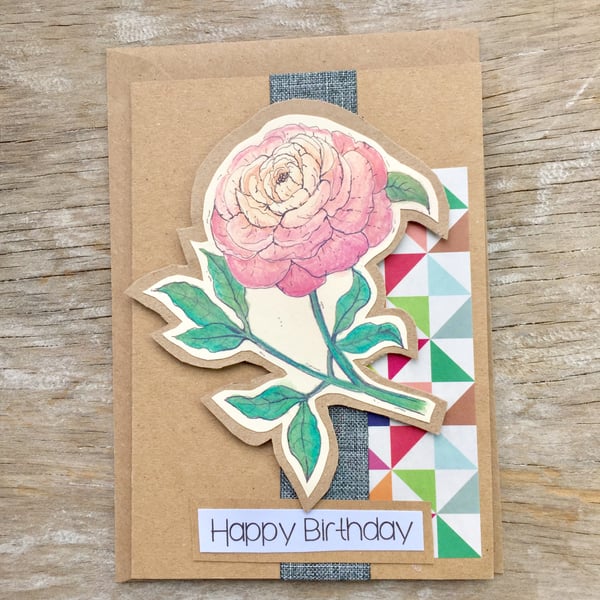 handmade recycled paper card (item no 230) rose, happy birthday