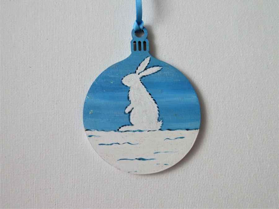 Christmas Tree Hanging Decoration Bauble Snow Scene Bunny Rabbit