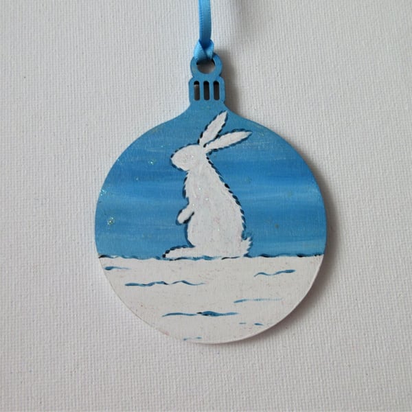 Christmas Tree Hanging Decoration Bauble Snow Scene Bunny Rabbit