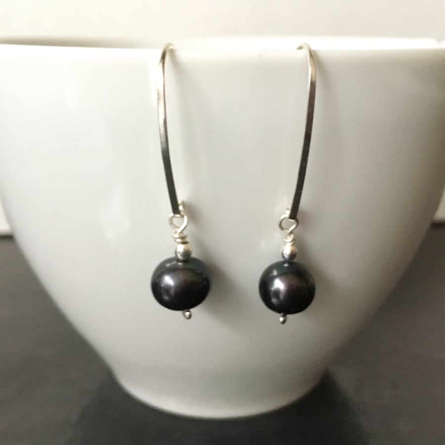 Black Pearl Sterling Silver Earrings,  Pearl Dangle Earrings