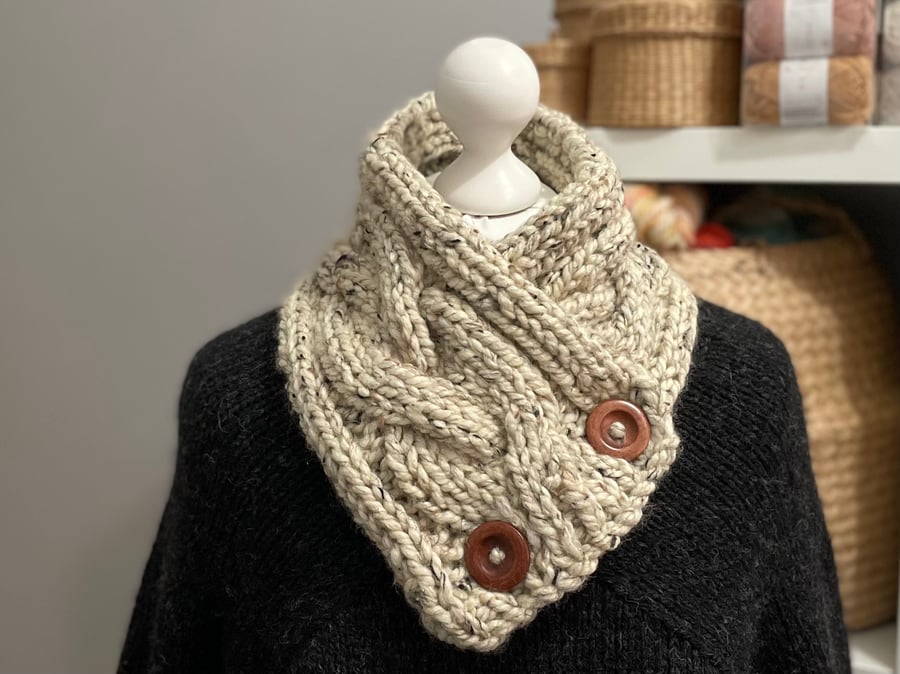 Hand Knitted Scarf with Buttons - Oatmeal