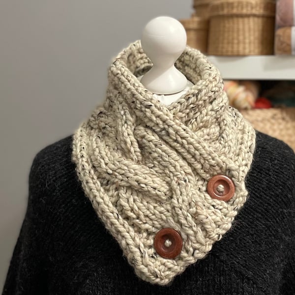 Hand Knitted Scarf with Buttons - Oatmeal