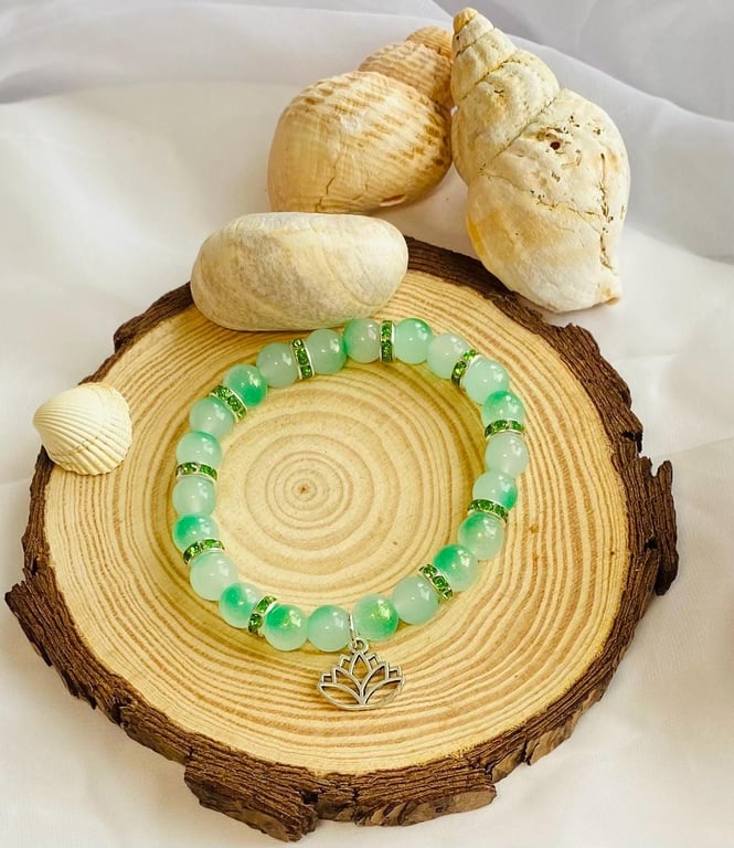 Handmade Glass Beaded Bracelet Palm Lagoon Boho Style Gift, Lotus Charm