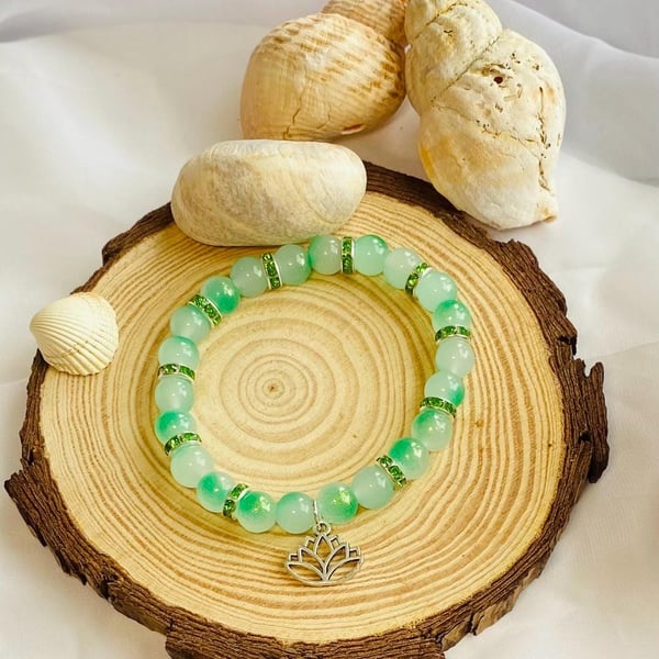 Handmade Glass Beaded Bracelet Palm Lagoon Boho Style Gift, Lotus Charm