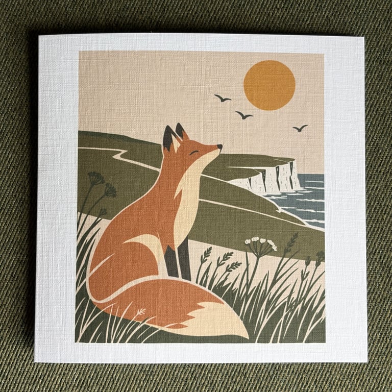 Fox Greeting Card, South Downs & Sussex Coast, 6x6 Linen Card