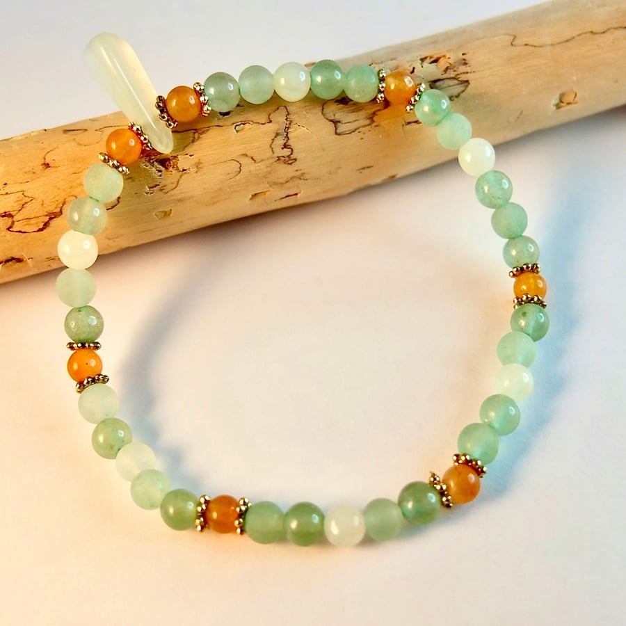 Green And Peach Aventurine Bracelet With Jade - Handmade In Devon - Free UK P&P.