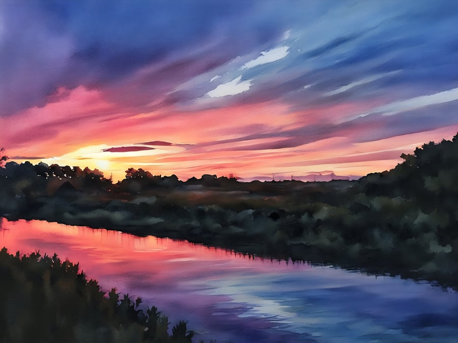 Print of Original Water Colour A4 Sunset Norfolk 